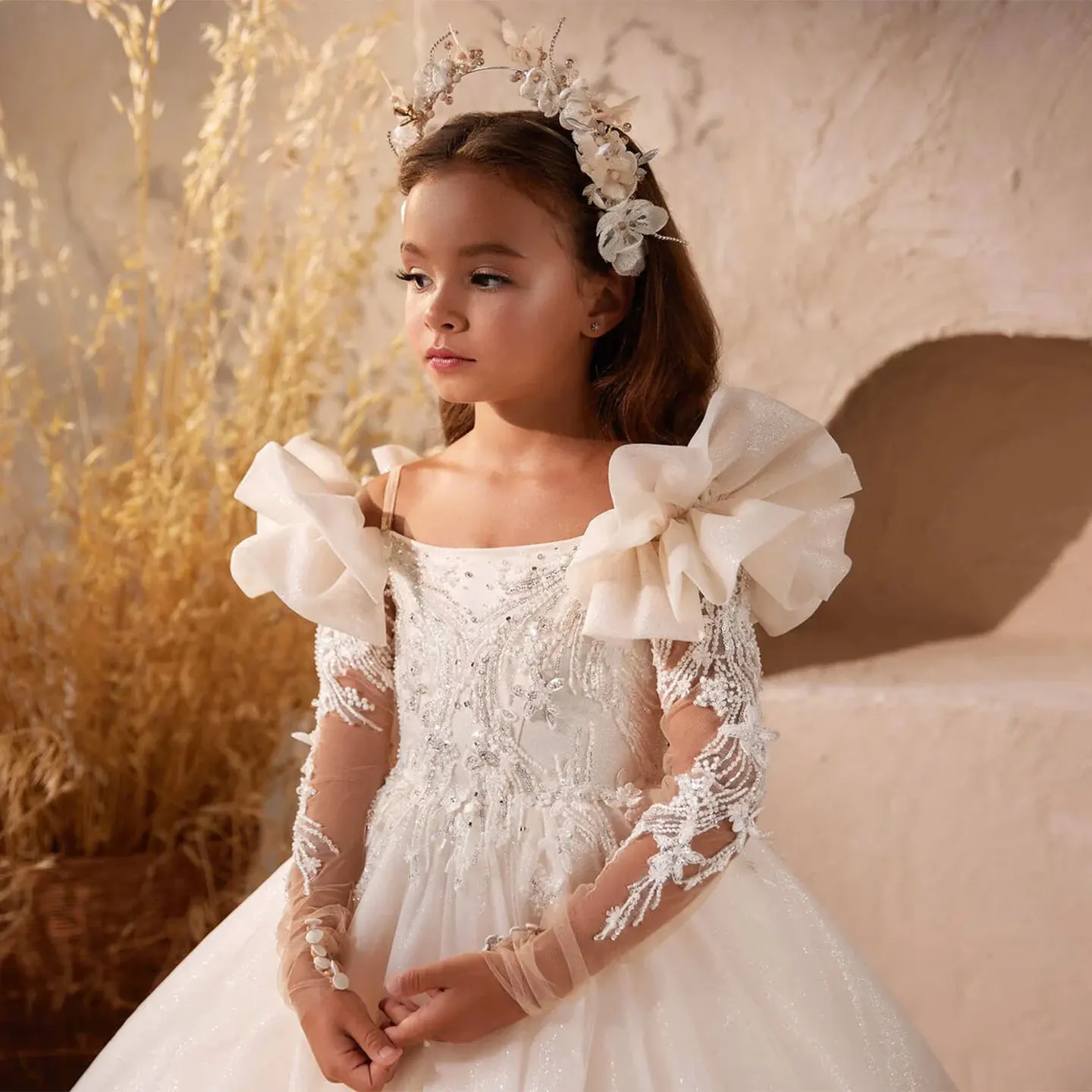 Dreamy Vow Luxury White Flower Girl Dress Beading Elegant Princess Kids Wedding Birthday First Communion Party Gown 2025 J270