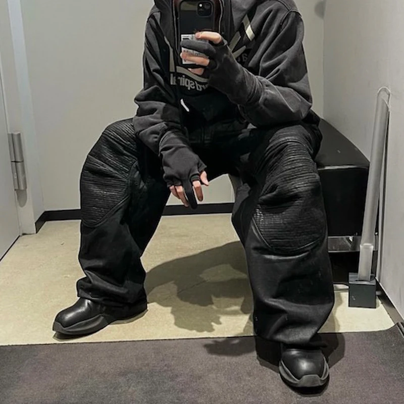 

American High Street Ailz Project Vibe Style Coated Brush Wax Motorcycle Armor Folded Jeans Long Pants Youth Popular Wide Leg...