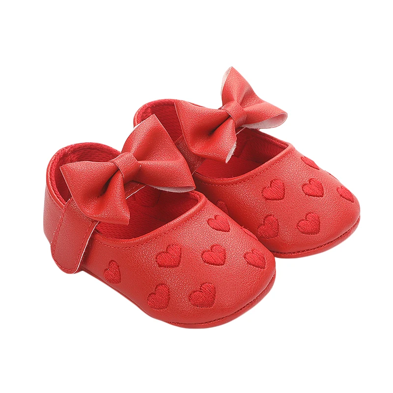 Baby Girls Cute Mary Jane Shoes Non-Slip First Walking Shoes Heart Princess Dress Shoes Infant Crib Soft Flats with Bow