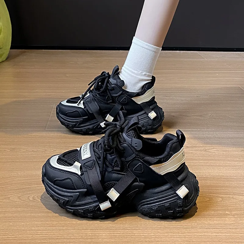 

2025 New Women's Chunky Sneakers Breathable Mesh Platform Sports Shoes Woman Fashion Lace Up Thick Sole Casual Shoes