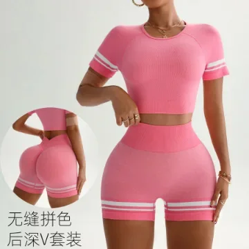 

2PC Women's Seamless Workout Set - Color Block Butt-Lifting Shorts & Slim Top w/ 4-Way Stretch for Gym Running Yoga