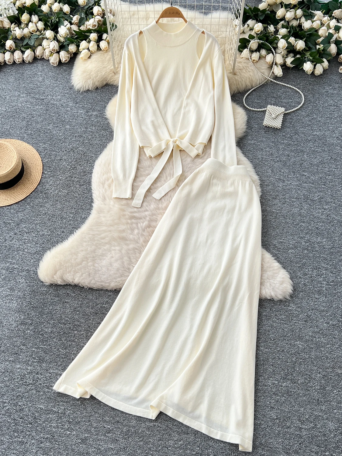 

Корейский вязаный длинный свек с высокой талией, лоскутная юбка с перекрещенными поясами и топ, шикарный дизайн, сенсация, модный Ense...