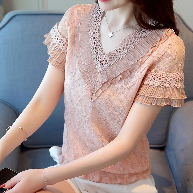 Summer Women Blouse Shirt Short Sleeve Ruffles V-Neck Lace Blouse Women Tops Women Blusas Mujer De Moda 2024 Blouses Femme F31