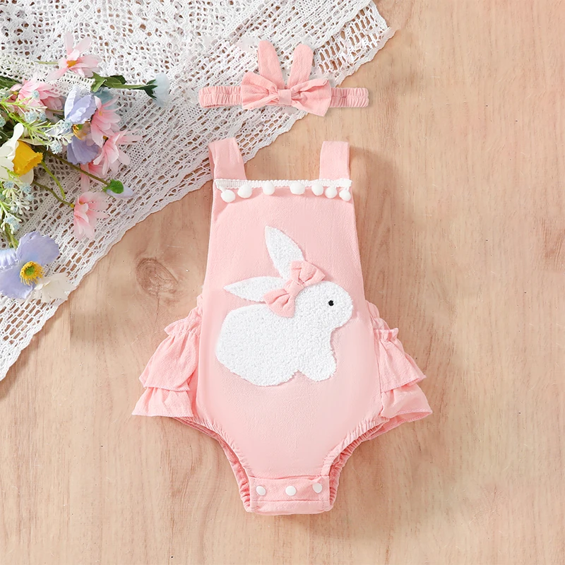 

Adorable Baby Girl Easter Outfit Set with Square Neck Sleeveless Romper and Rabbit Ear Headband for Infant Toddler - 3D Plush