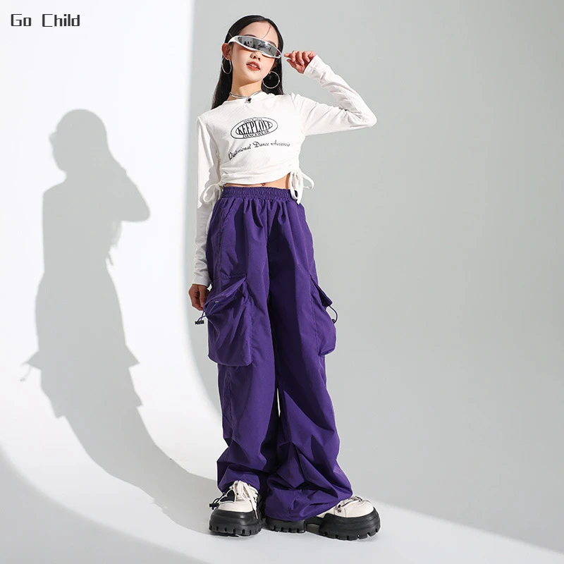 Girls Hip Hop Crop Top Loose Cargo Pants Clothes Sets Children Street Dance Solid Sweatshirt Kids Streetwear Jazz Stage Costumes