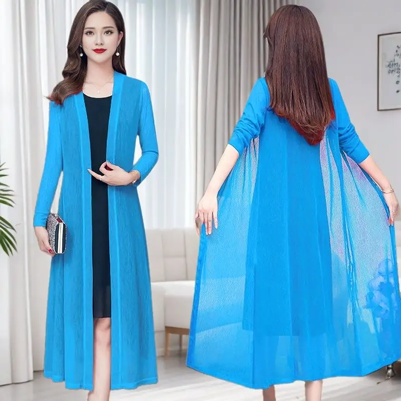 

Ice Silk Knit Mesh Sweater Cardigan Plus Size Korean Fashion Sunscreen Top Spring Summer Lightweight Long Shawl Female Wh3