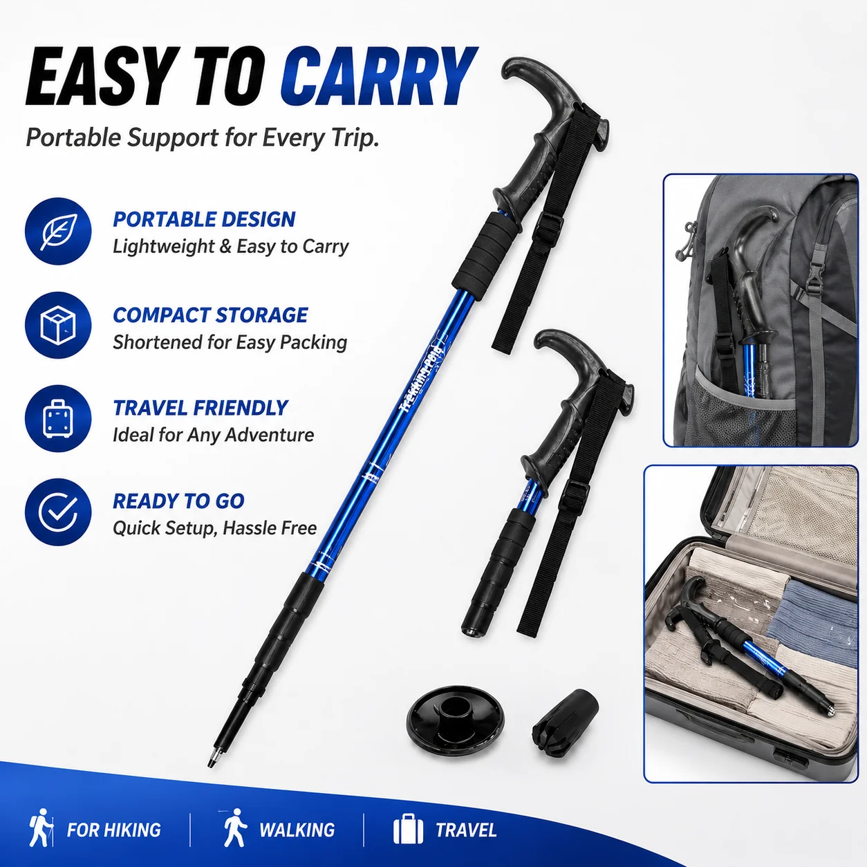 Adjustable Walking Cane Foldable Trekking Pole Lightweight Aluminum Hiking Stick Anti Slip Tip Travel Support for Senior Outdoor