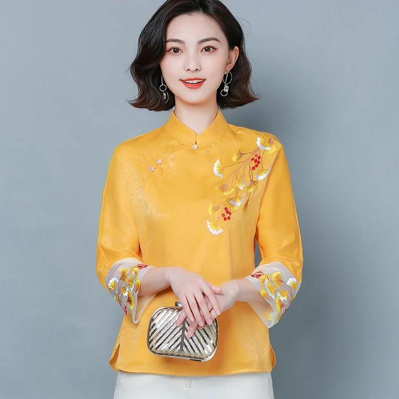 Chinese Buckle Embroidery Improved Short Cheongsam Tops Chinese Floral Shirt Tang Suit 2020 Spring Ancient Quality Clothes