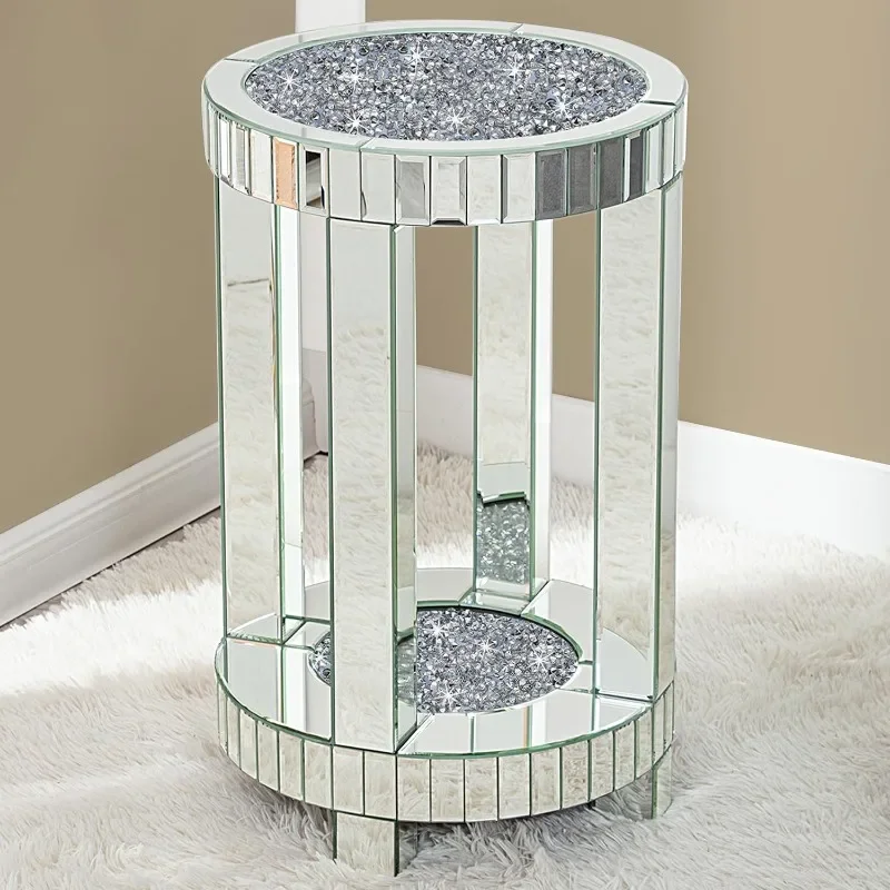 

Mirrored End Table Round with Crystals Inlay, 2-Tier Modern Small Sofa Table with Storage, Silver Accent Table for Living Room