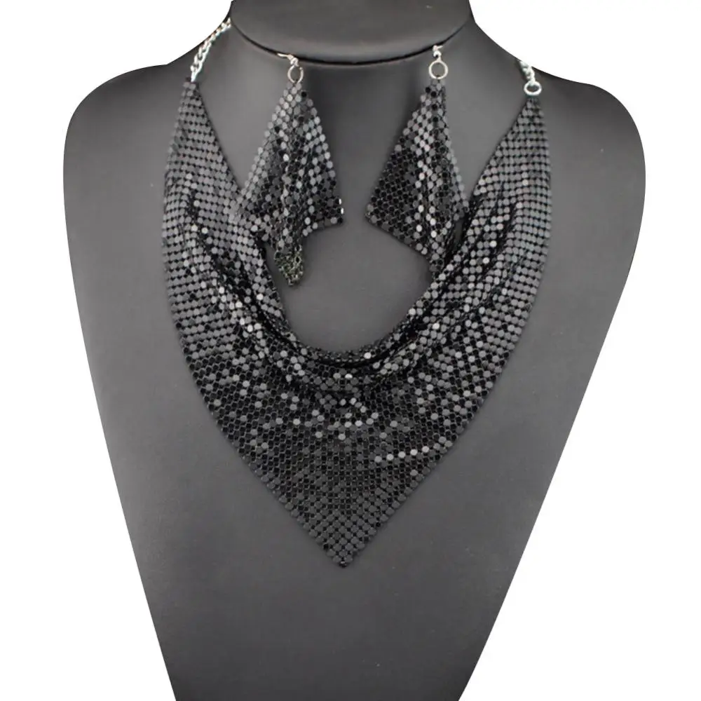 2Pcs/Set Women Triangular Scarf Choker Necklaces Earrings Sequins Charm Statement Bib Necklace Earrings