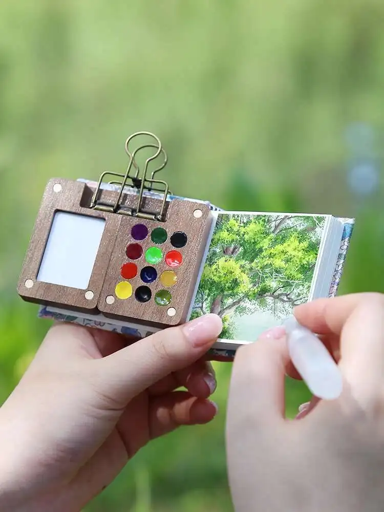 Mini  Drawing Tool Set Portable Travel  Walnut Wood Magnetic Watercolor Paint Box Art Drawing Notebook For Beginners