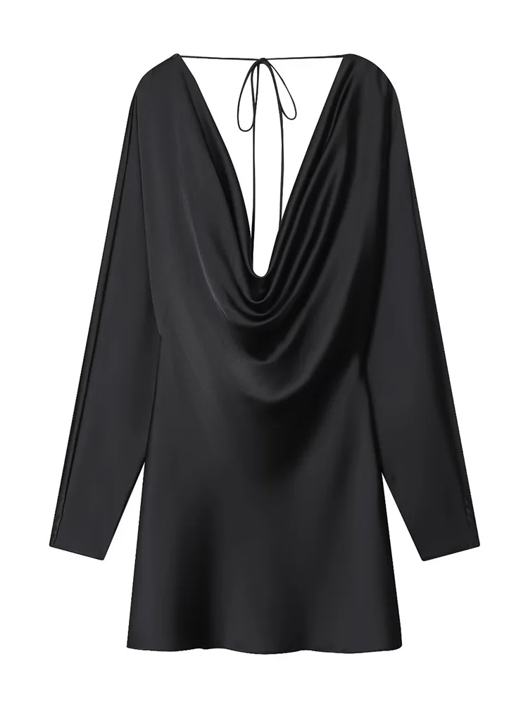 HH Mulheres Mangas Compridas Backless Vestidos Plissado Moda Feminina Lace-up Textura de Cetim Verão Gola Pendulosa Sólido Mini Vestido