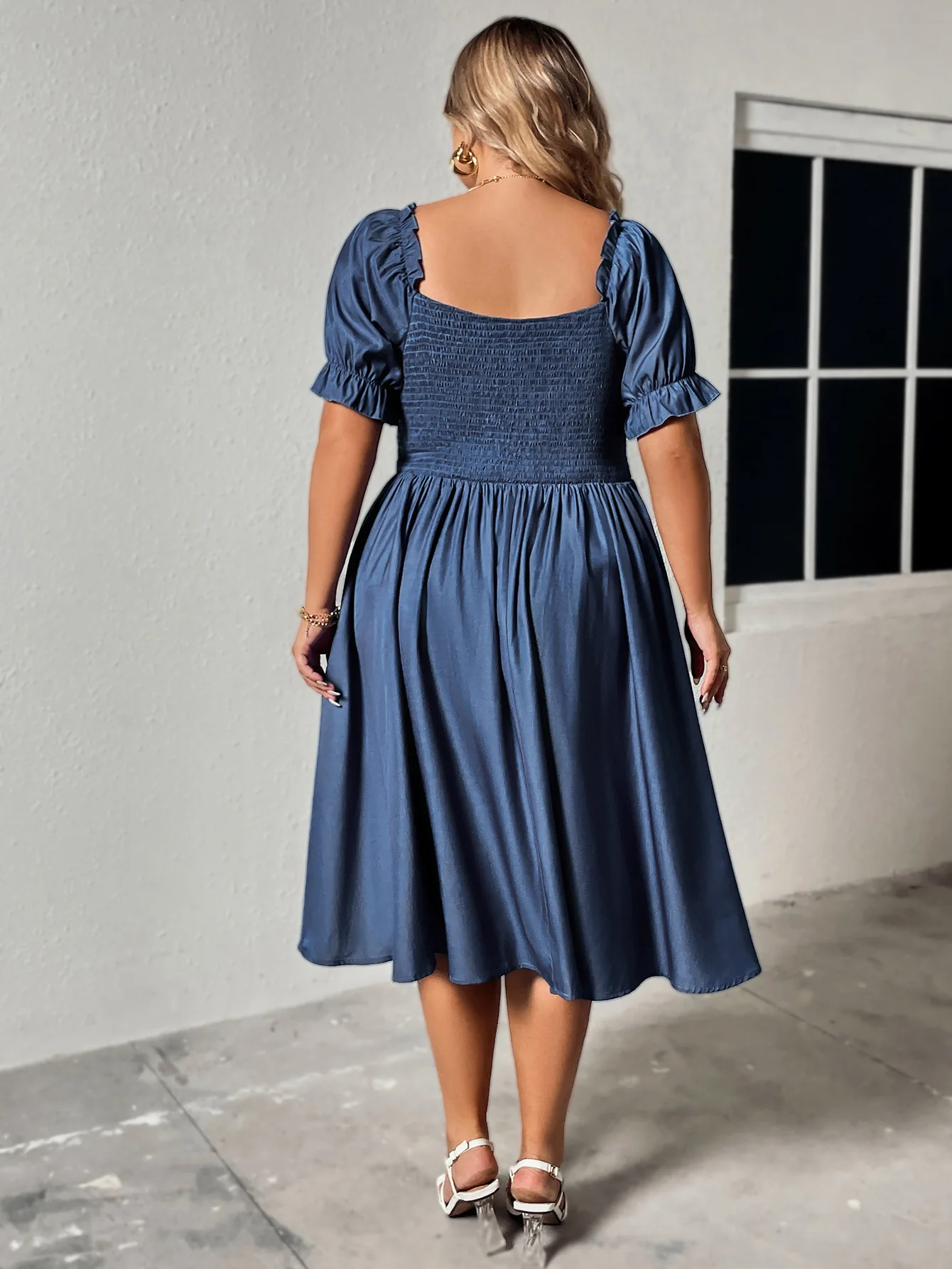 Plus Size Women's Blue Knee Length Dress Solid for Party Dress Short Sleeve Oversized Clothing