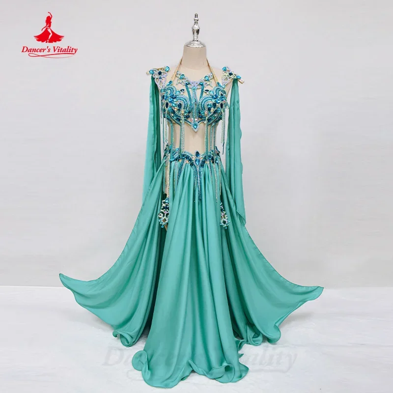 Belly Dance Clothing Women\'s Customization Luxury Rhinestone Bra+senior Satin Split Long Skirt 2pcs Oriental Performance Set