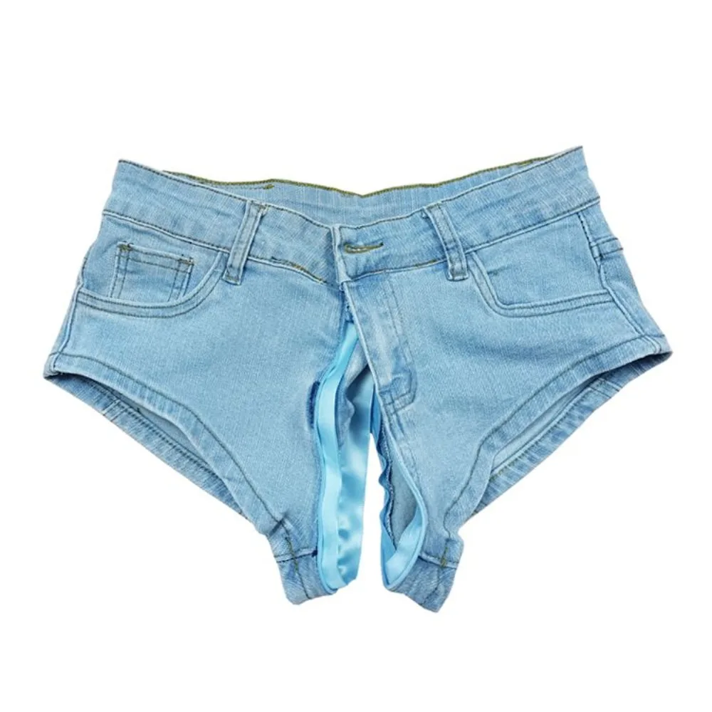 Calça jeans de virilha aberta feminina, elástico, cintura baixa jeans, mini shorts, boate, clube, hotpants, streetwear de verão, ao ar livre, sexo