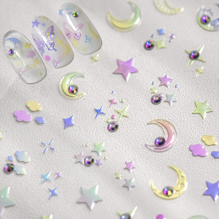 Image of 5d bunte Sterne Monde und Wolken Strass Nagel Aufkleber hochwertige weiche Relief selbst klebende Nail Art dekorative Aufkleber