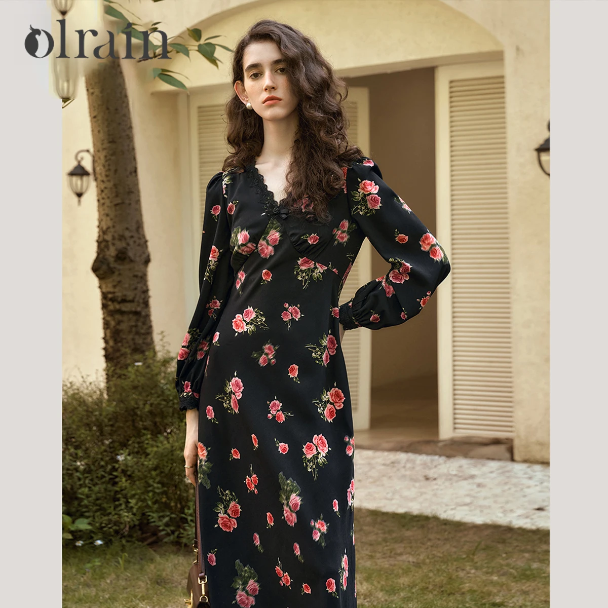 

OLrain Women Winter Dress 2025 Floral Printing French Black Long Lady Dresses Elegant A-line Lace V-neck Female Dress M56QL93906