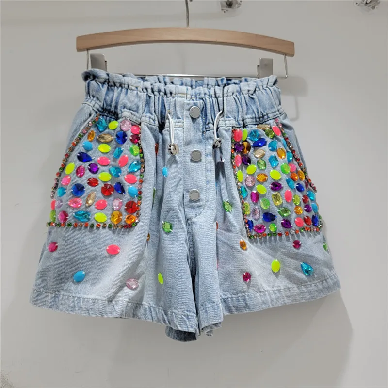 Fashion High Waist Wide Leg Shorts 2024 Summer New Heavy Industry Inlaid Color Diamond Beaded Elastic Waist Denim Shorts Women