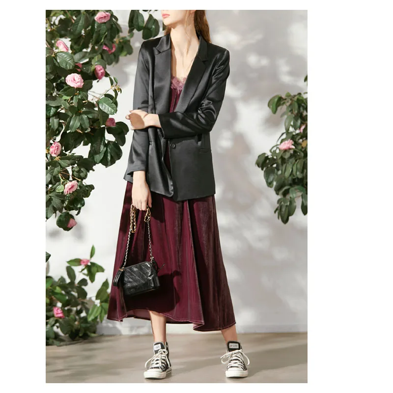 Fengbaoyu-Silk Velvet V-Collar Suspender Dress, French Lace Decorated, Garnet Dress, Spring and Autumn,Casual Dresses