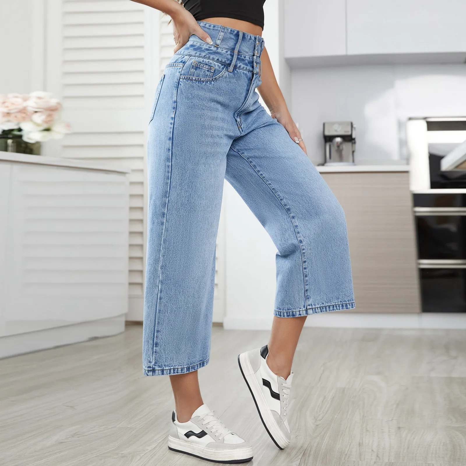 Women 2024 New Product Design Sense Dislocation Double Waist Casual Loose Type Wide Leg Pants Jeans Korean Fashion Jeans