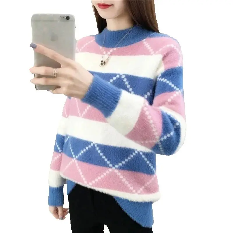 

Women's Imitation Mink Velvet Semi-turtleneck Sweater Autumn and Winter 2025 New Tops Loose Long-sleeved Knitted Bottoming Shirt