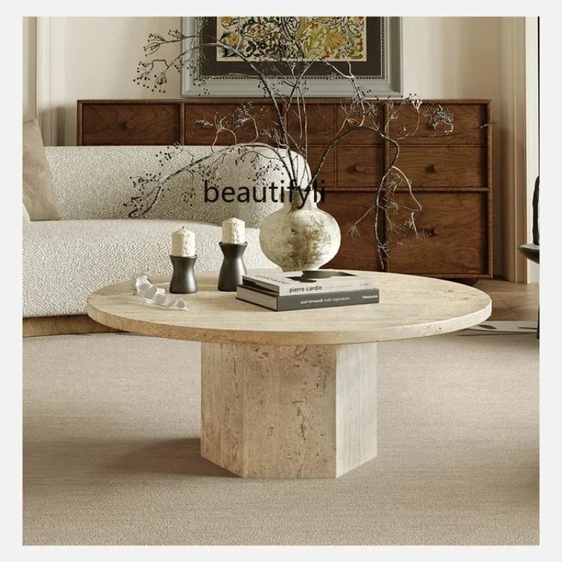 

Natural travertine round coffee table living room household, small tea table