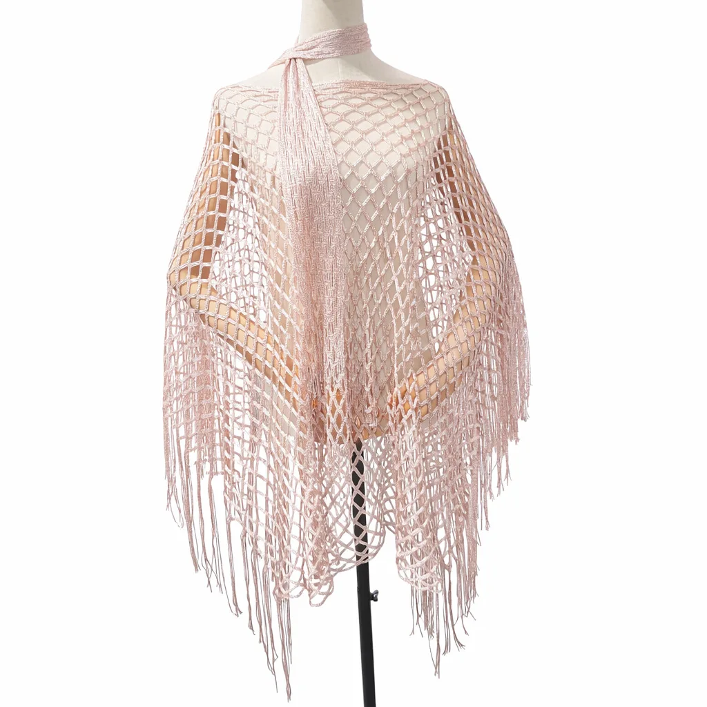 1pc or 2 Pcs Bohemian Sparkly Knitted Mesh Fringe Poncho+hollow-out Shawl Scarf with Woven Metallic Threads Beach Cover-up