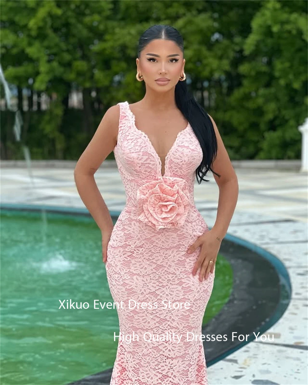 Xikuo เจียมเนื้อเจียมตัวลูกไม้สีชมพูพรหมชุด Sweetheart 3D ดอกไม้ Mermaid Vestido De Festa สปาเก็ตตี้ชุดราตรีที่กําหนดเอง