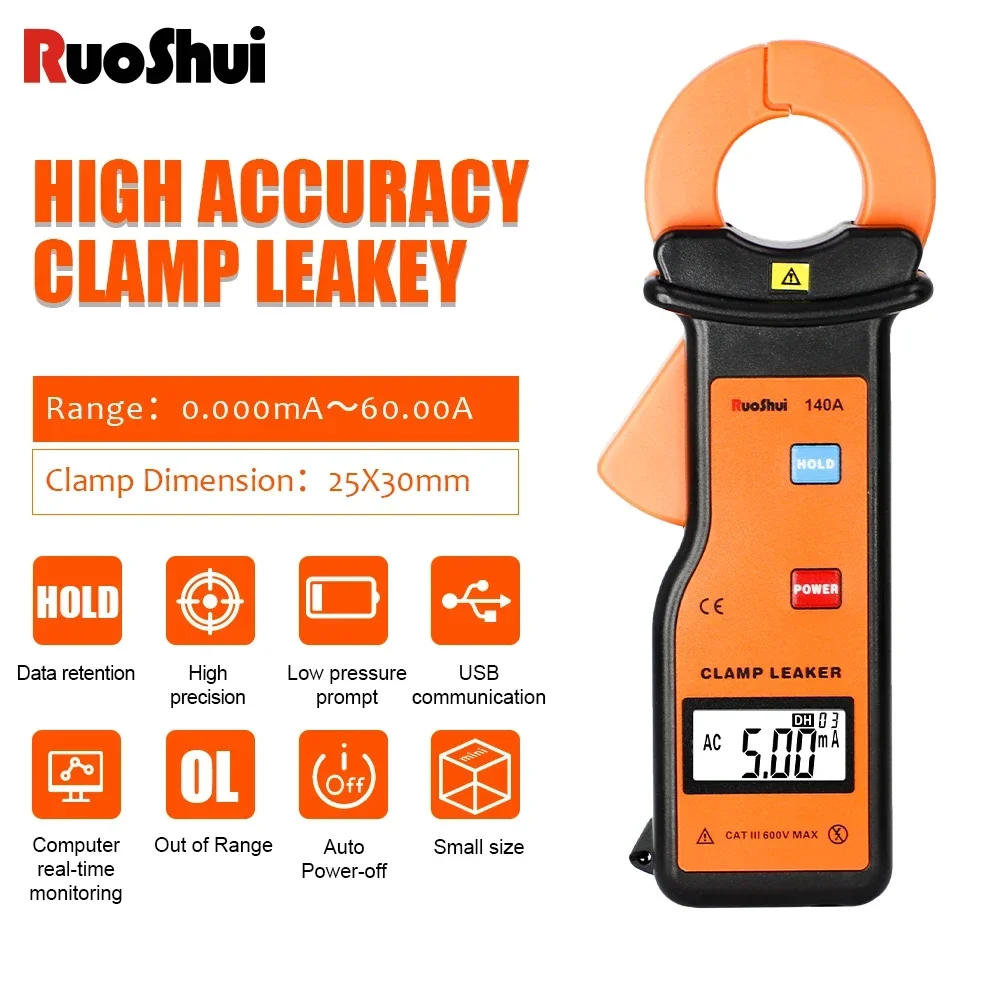 

RuoShui 140A Digital Clamp Leaker High Accuracy Leakage Current Clamp Meter Measure Range 0.000mA～60.00A LCD Automatic Tester