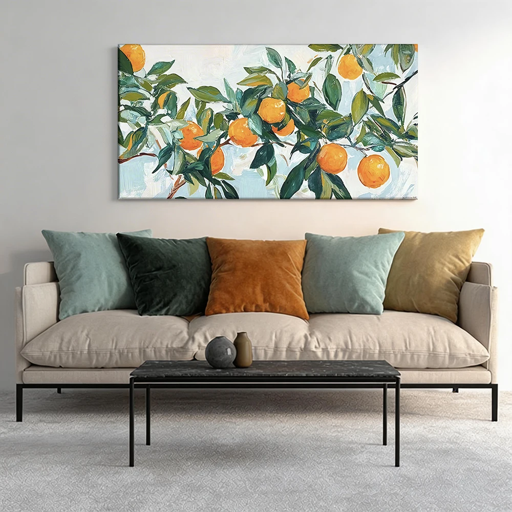 1 pieza de cuadro decorativo en lienzo con marco de madera, pintura de árbol de naranjo, naranjas frescas. Decoración para pasillo, sala de estar.