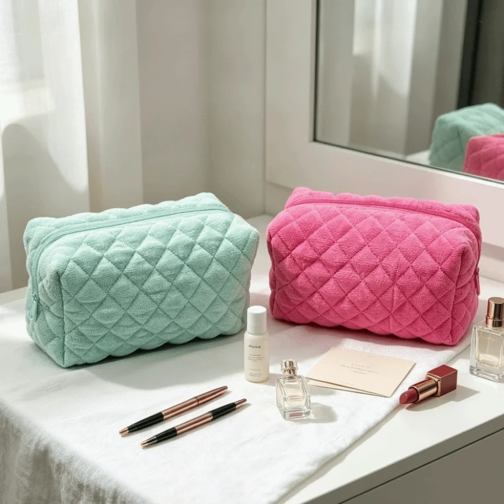 New Large Capacity Makeup Bag Quilted Multifunctional Skincare Storage Bag Lightweight Soft Fluffy Toiletry Storage Pouch Women