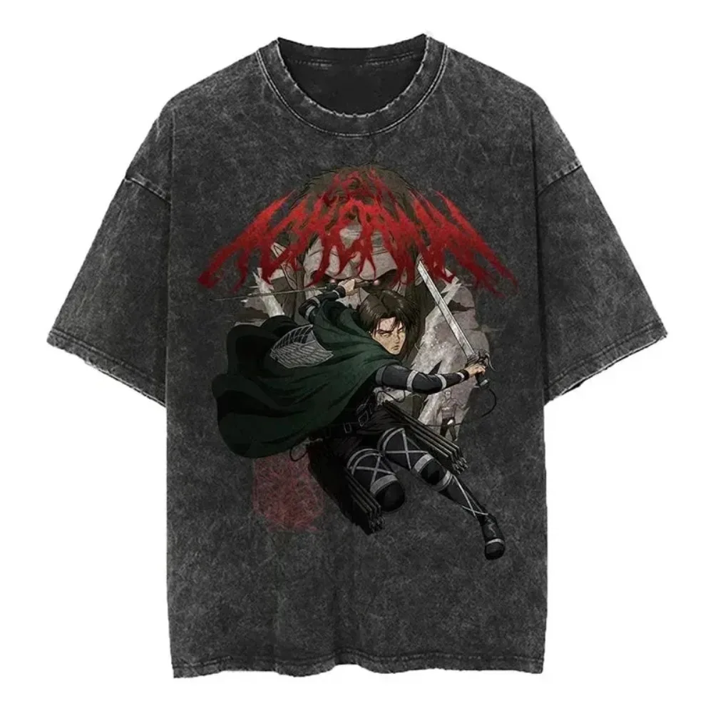 Camiseta Lavada de Ataque a los Titanes para Hombre y Mujer, Camiseta de Algodón de Anime Levi Ackerman para Verano y Primavera, Camiseta Retro Desgastada de Manga Corta