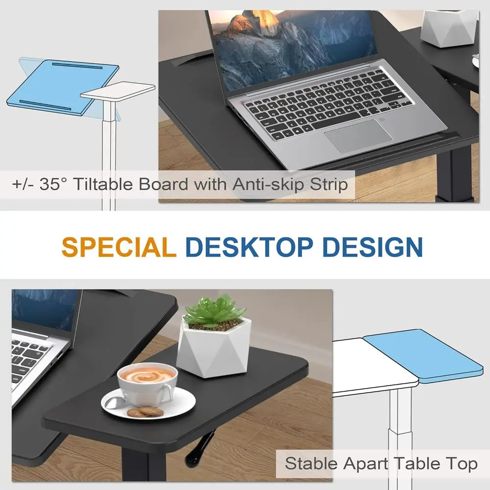 Мобильный столик из орехового дерева с пневматическим наклоном, столом для ноутбука и скрытыми колесами (черный)