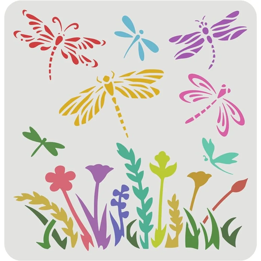 Dragonfly Flower Stencil 11.8x11.8inch Flying Dragonfly Painting Stencil Plant Wildflower Drawing Stencil Reusable Art Craft