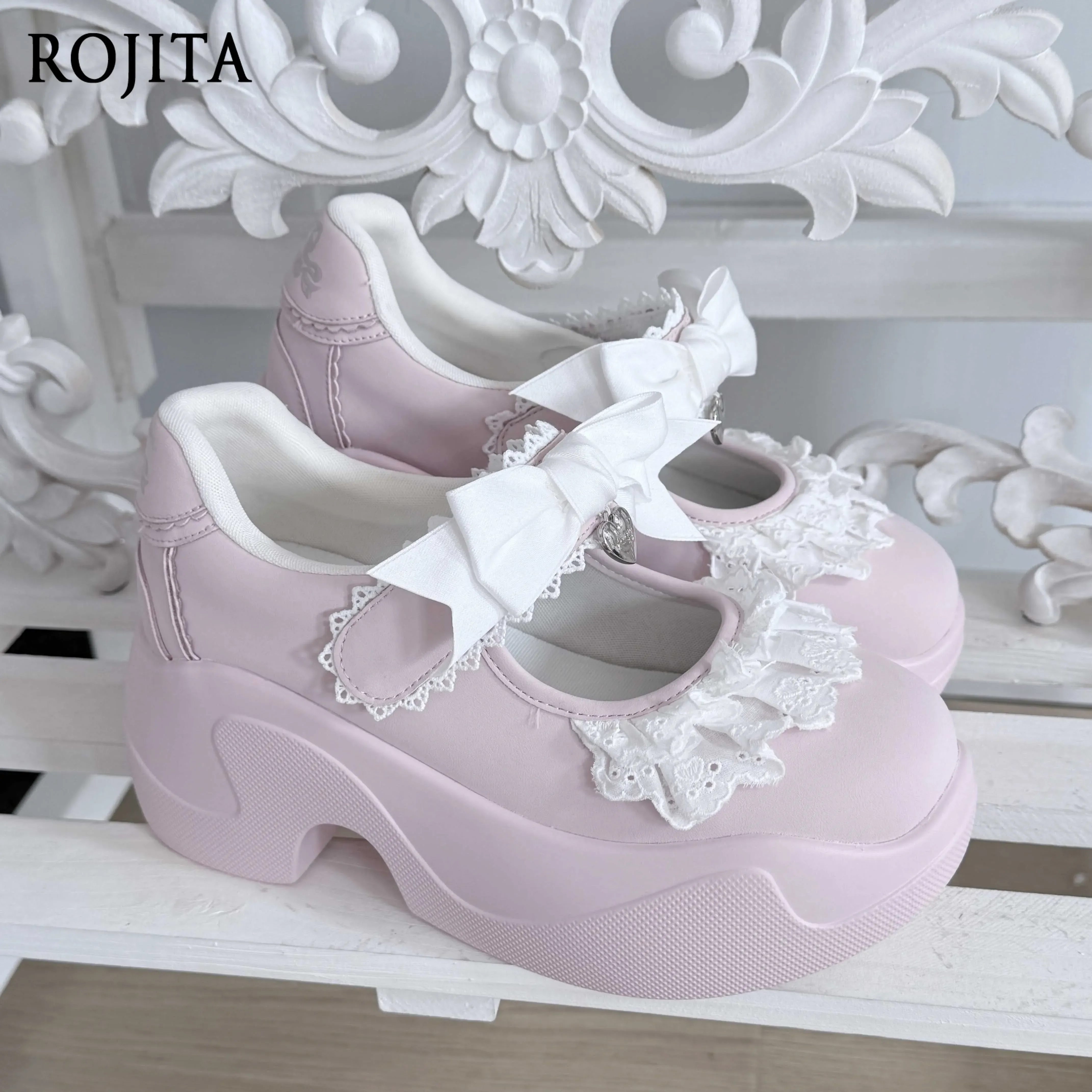 Sweet Lolita Mary Jane Shoes Women Light Blue Lace Ruffle Bow Heart Metal Decor Chunky Platform Heel Cosplay Shoes