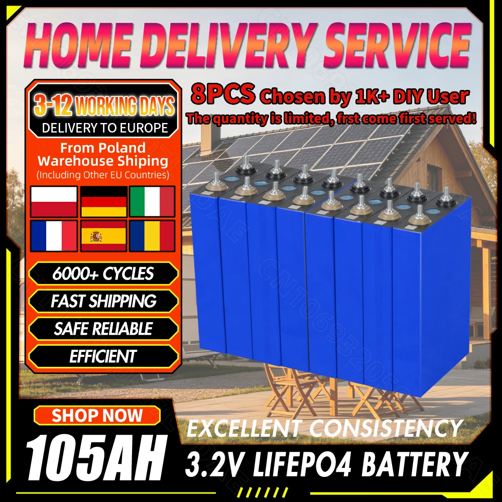 105Ah LiFePO4 Batterie 3,2V 8 Stück LiFePO4 Lithium-Batterie 6000+ Zyklen Lange Lebensdauer Schnelle Lieferung für Solarenergiespeicher Camping Boote Wohnmobile Elektrofahrzeuge EU-LAGER