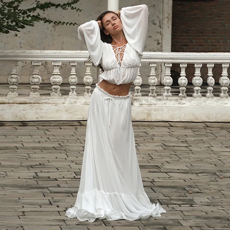 

Tuularose White Ruffled Dress Set Sexy Lace-Up Top Ruffled Loose Maxi Skirts Set Elegant Luxurious New Autumn Women's Dress Set