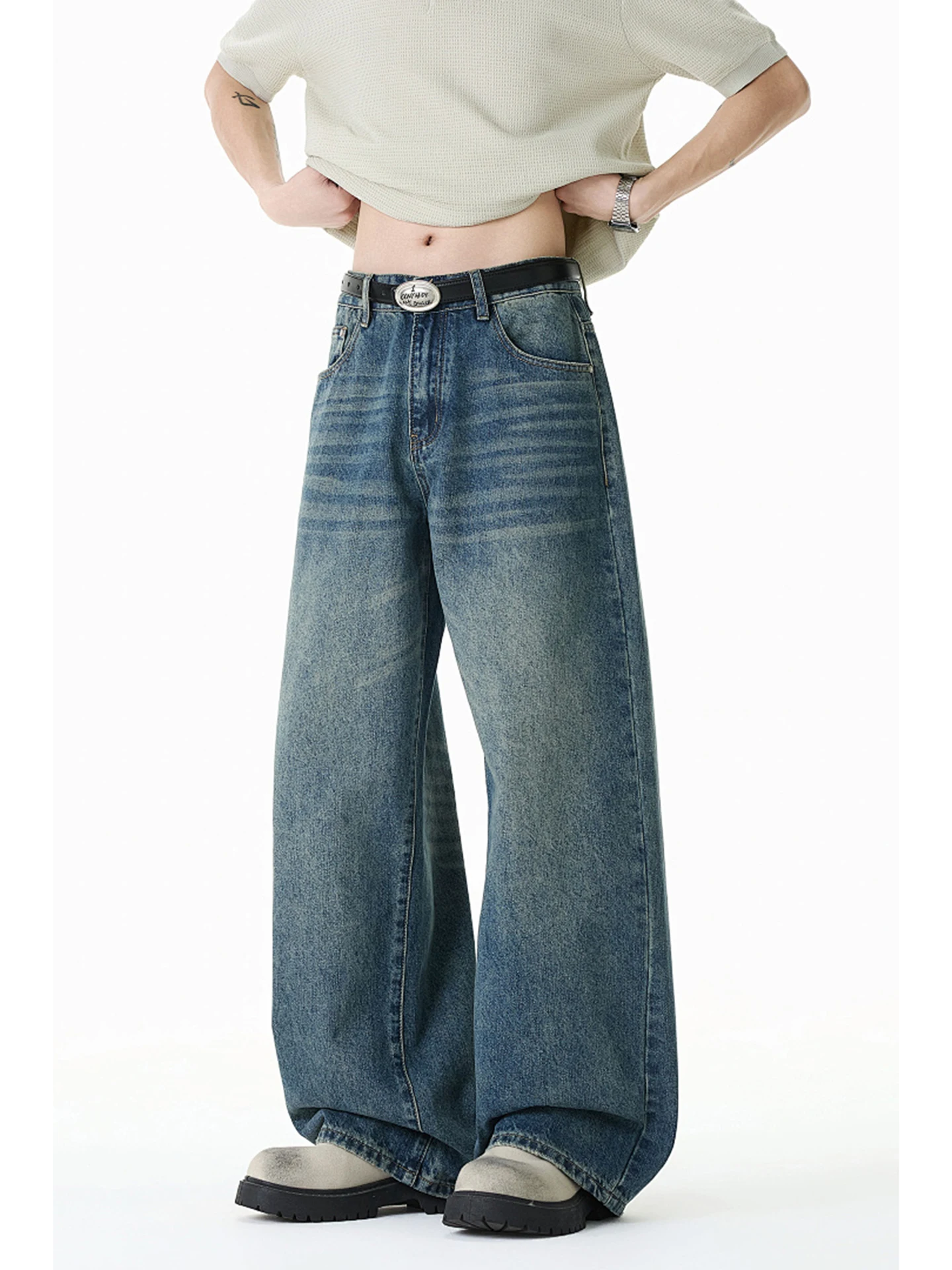 

Retro Washed American High Street Loose Wide Leg Men's Jeans Summer Youth Fashion Straight Tube Loose Fit Male Jeans