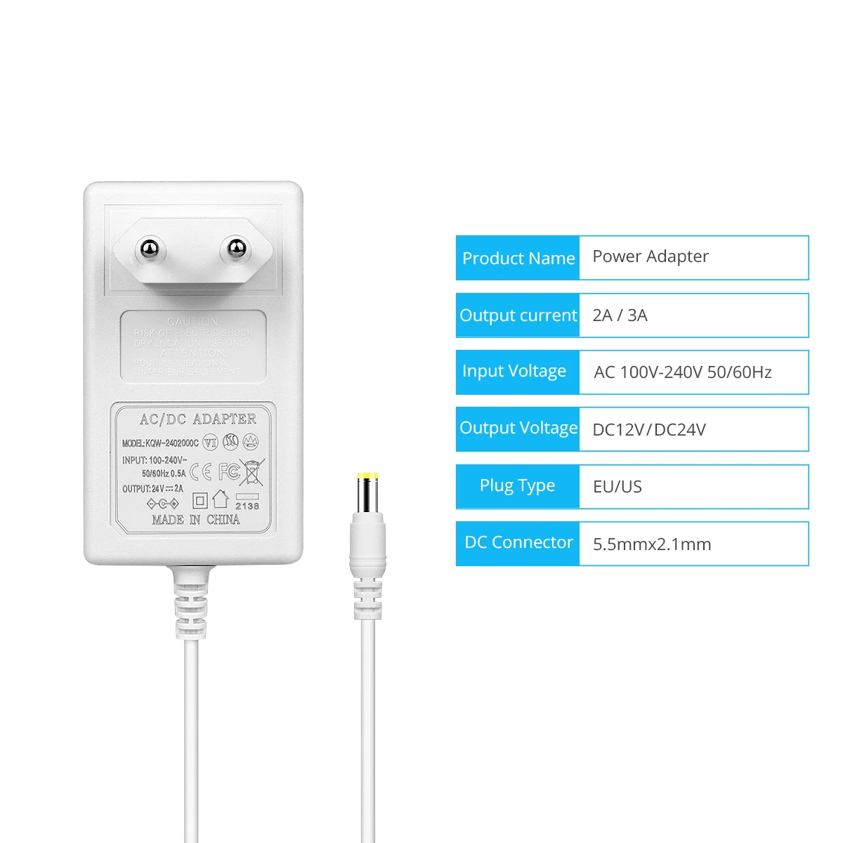 5.5mm x 2.1mm Universal Switch Power Supply LED Driver 100-240V AC to 12V 24V Converter Power Adapter 2A 3A Charger