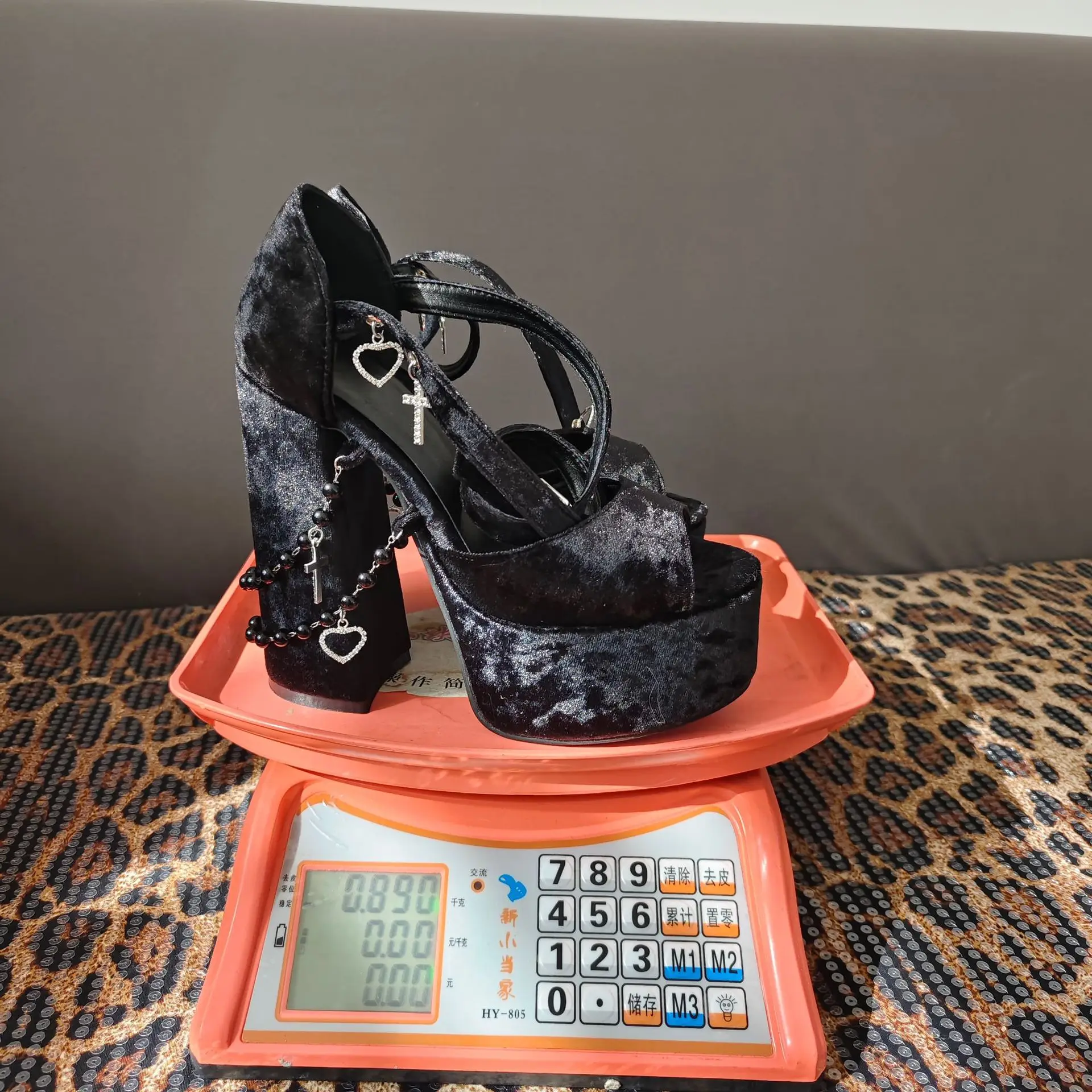 Women's Hot Chick Pendant Metal chain platform sandals big size crystal chunky heel peep toe black/pink/red party lolita shoes - view 4