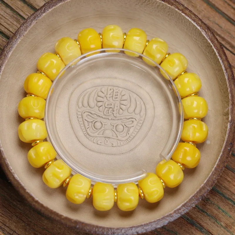 Yellow Chicken Grease Jadified Bone Carving Passion Fruit Seed Tibetan Bracelet Handheld Craf