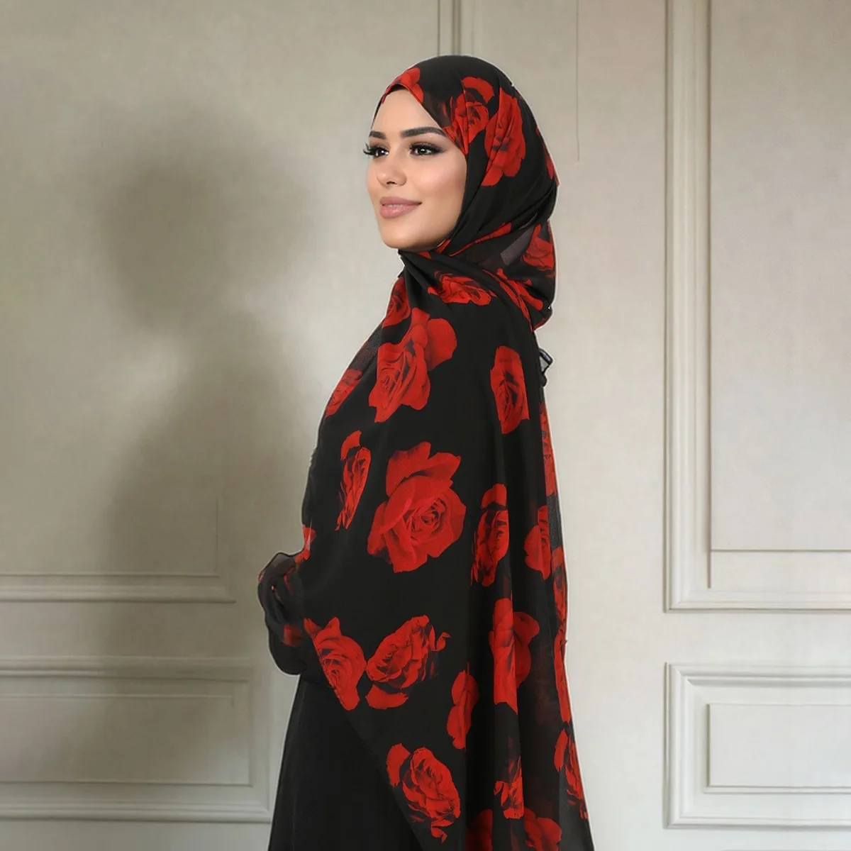 Autumn Hot Sale New Rose Digital Print Chiffon Long Scarf for Women, Cross Border Head Scarf Shawl Wrap Wholesale