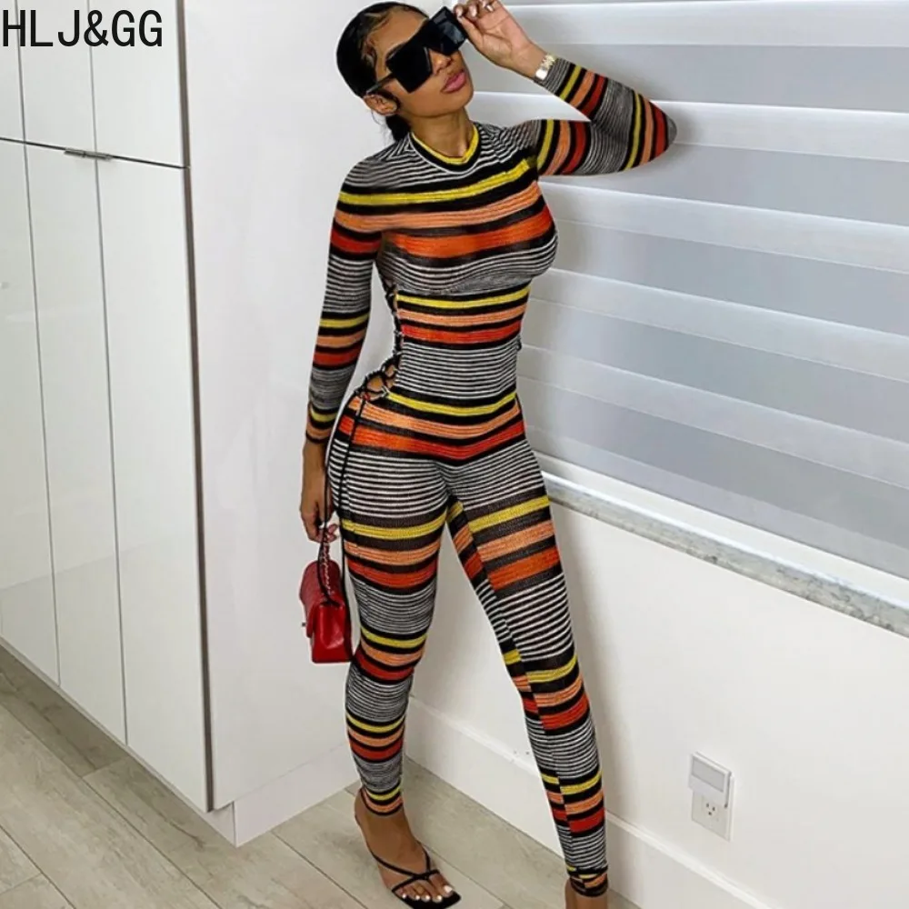 

HLJ&GG Casual Stripe Print Bodycon Jumpsuits Women Round Neck Long Sleeve Slim Playsuit Fashion Female Sporty One Piece Overall