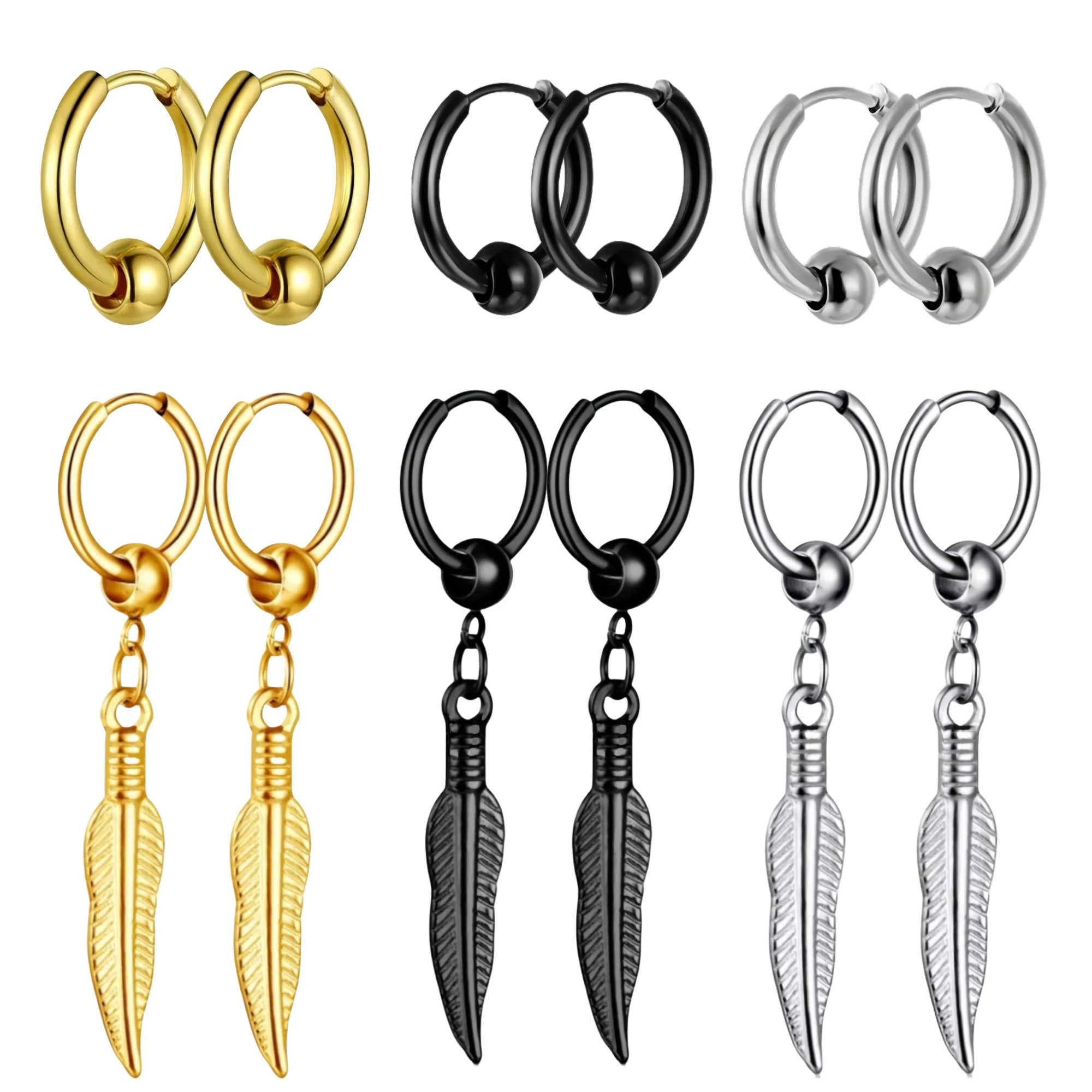 2 stücke Edelstahl Schwarz Baumeln Punk Minimalistischen Hängenden Tropfen frau Ohrring für Mann Vintage Feder Piercing Ohr Schmuck neue