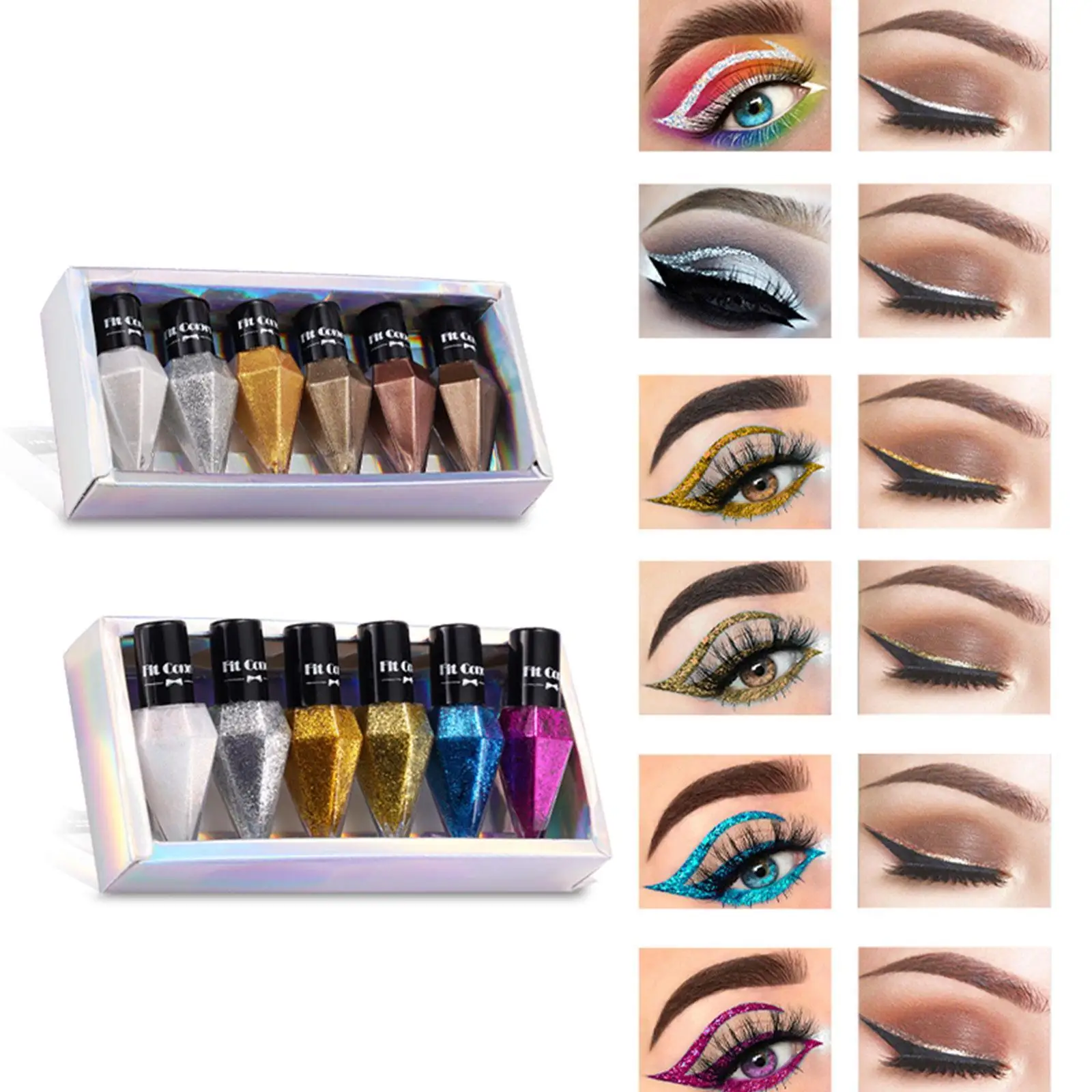 2PCS 6 Color Sets Eye Shadow Pearlescent Diamond Eye Shadow Liquid Sequins MakeUp Smooth Mini Fine Brush Eyeliner Shine And Head