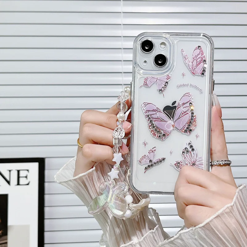 

Diamond Butterfly Suitable for iPhone 17 Pro max Phone Case Apple 16 Plated Button 15 Bracelet Transparent Space