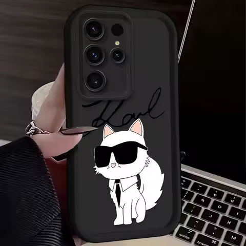 Lovely Fashion K-Karl Cat Case For Samsung Galaxy S24 S23 S25 Ultra S22 S21 Plus FE A56 A36 A26 A16 A06 A15 A25 A35 A55 5G Cover