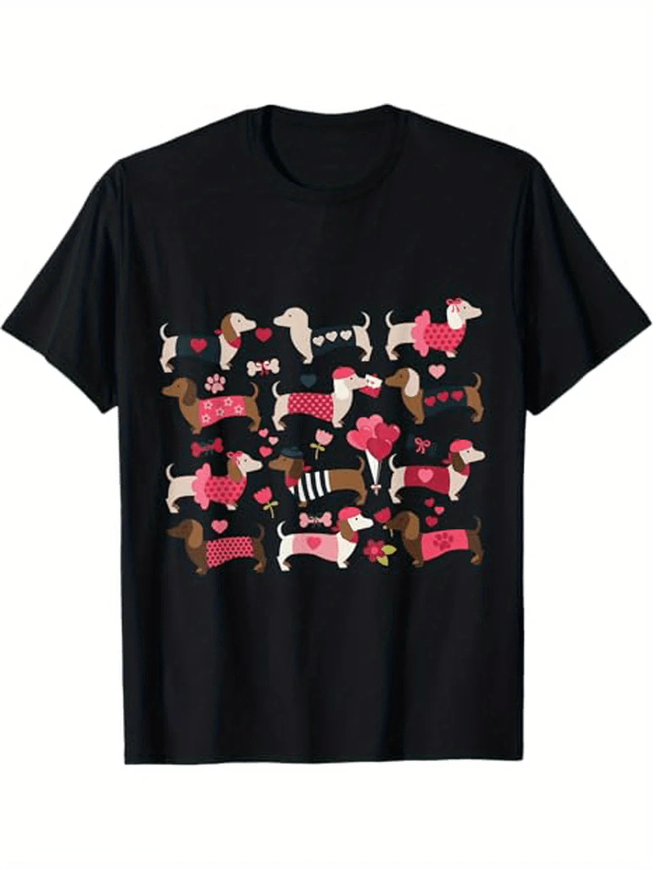 

Valentine's Day Doxie T-Shirt - Black Cotton, Dachshund/Heart Print Tee