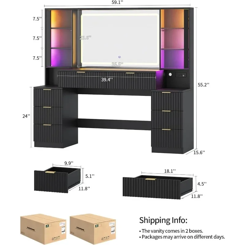 HAUOMS Big Vanity,  Fluted Wood Makeup Vanity Desk with Mirror and Sound Sync LED Lights, Large Vanity Dressing Table,