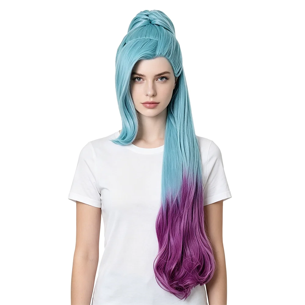 

Long Wavy Blue Purple Ombre Cosplay Wig With Ponytail Heat Resistant Synthetic Anime Hair For Women Halloween Carnival Party